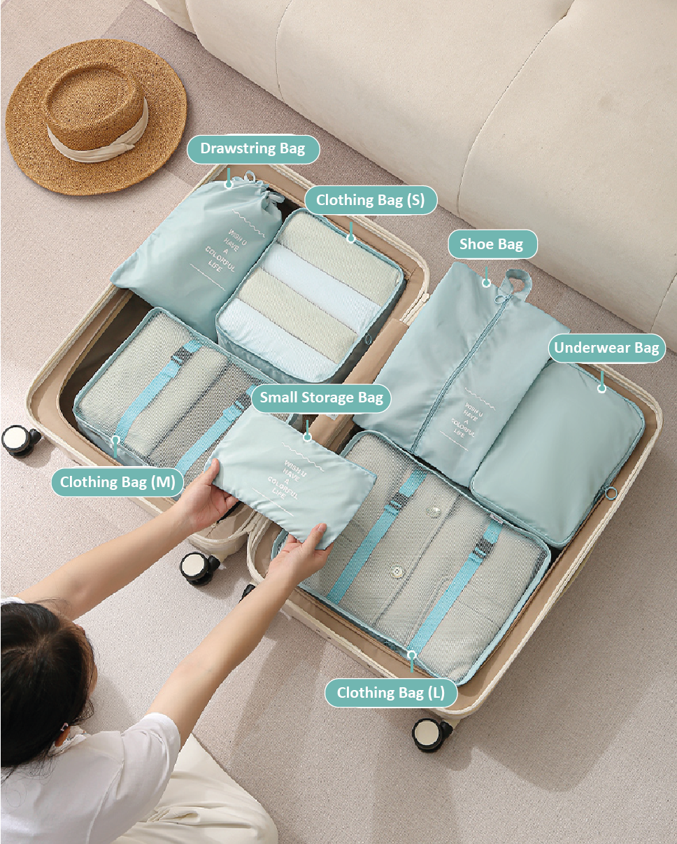 a lady is arranging sky blue 6 in 1 travel bag organizer set with custom laser engraving printing