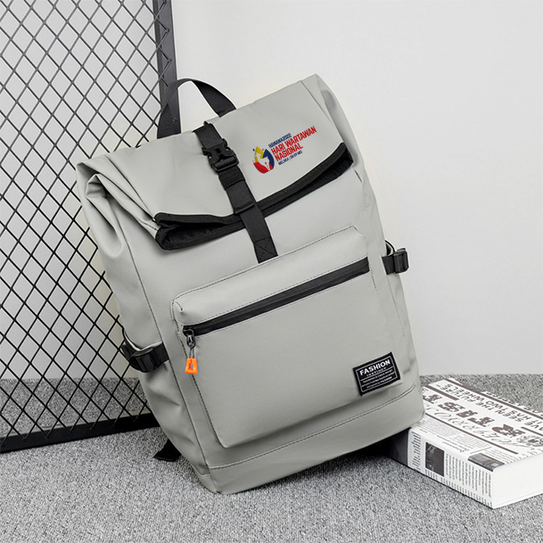 casual laptop backpack in white and silver color that embroidery with your company logo in Malaysia
