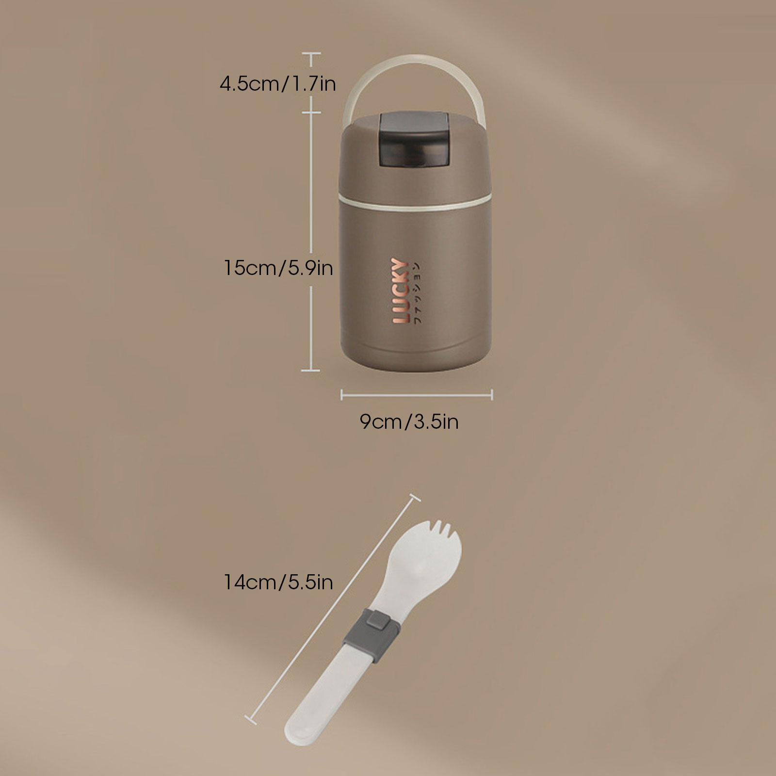 Brown food storage container with a sturdy handle and foldable spoon suitable for storing hot or cold meals at home and office