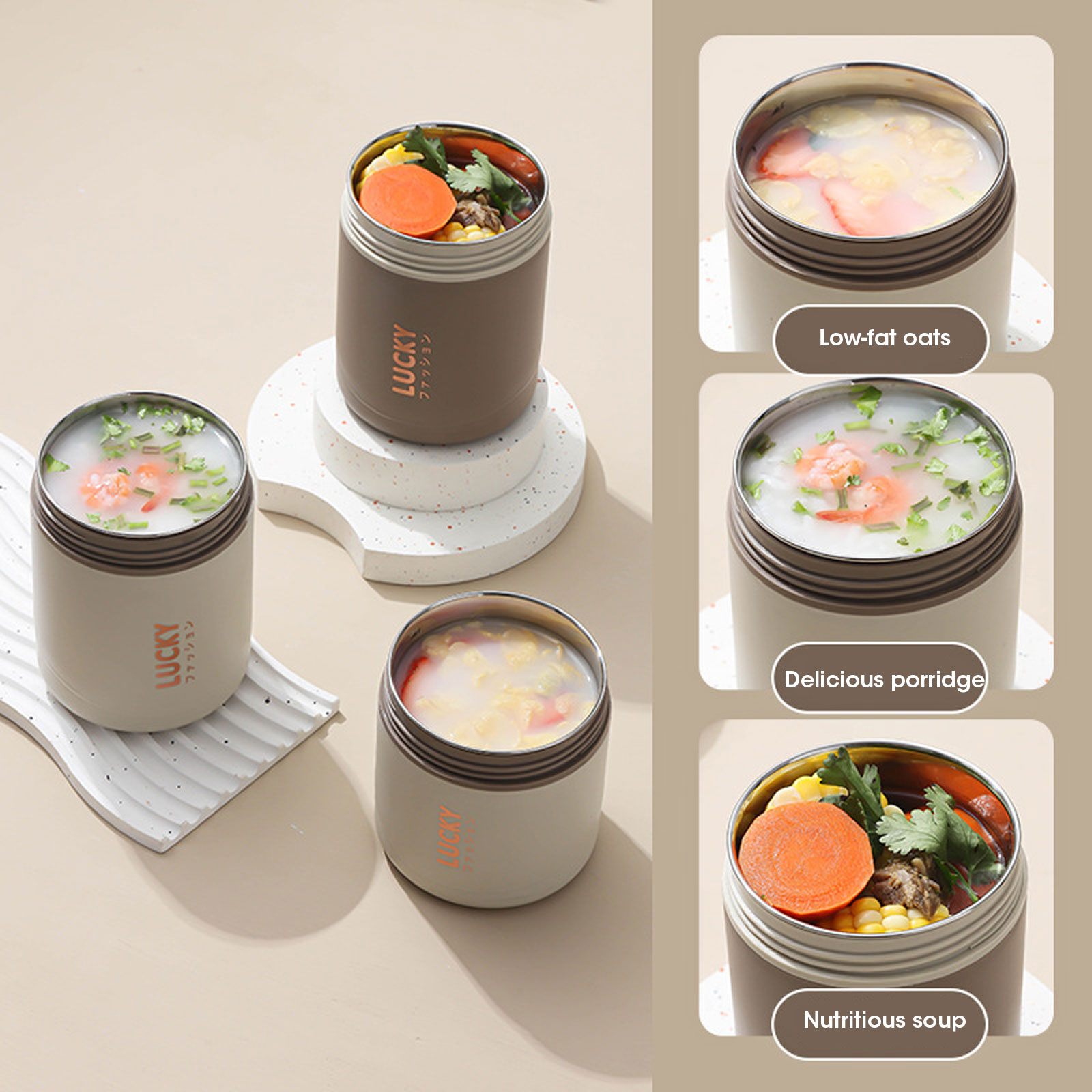 Leak proof food storage containers filled with nutritious soup, porridge, and oats, designed to keep meals warm and fresh