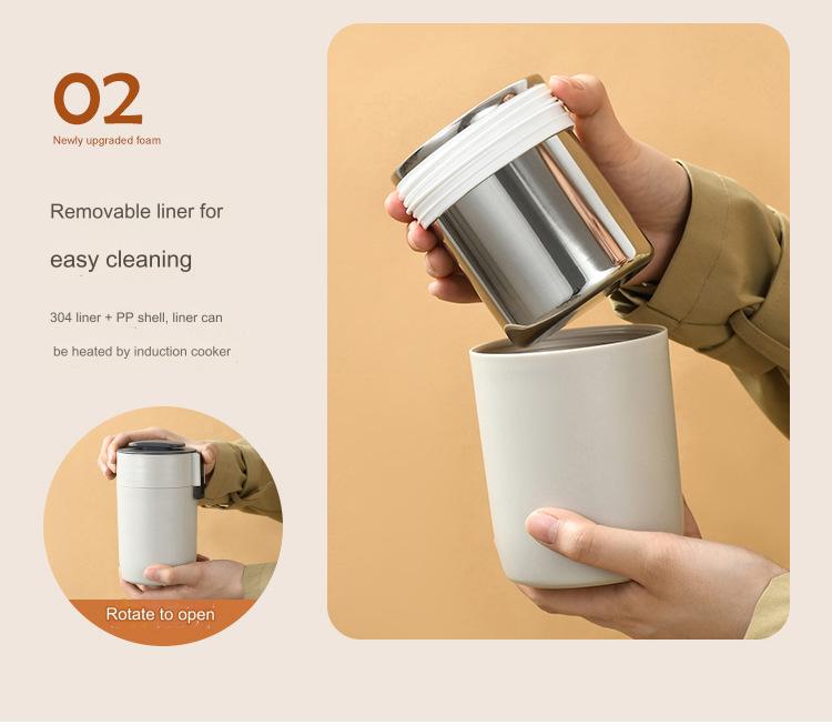 Stainless steel food storage container with removable liner for easy cleaning that can be heated by an induction cooker