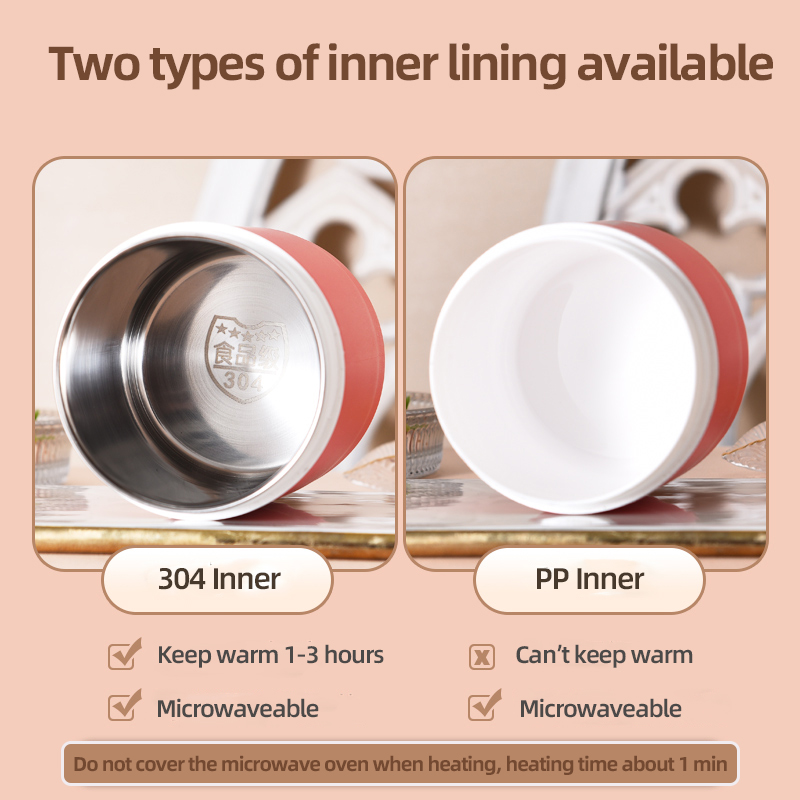 Types of food storage container inner linings available include a 304 stainless steel inner for heat retention and a PP inner for microwave use to keep