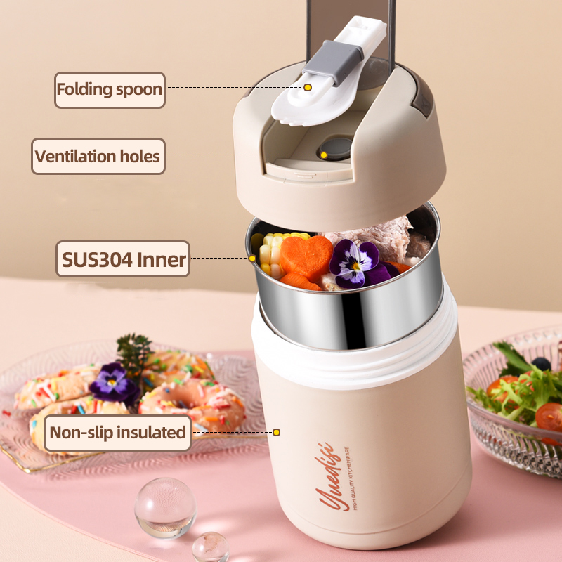 Thermal food storage container with SUS304 stainless steel inner, folding spoon, ventilation holes, and non-slip insulated design
