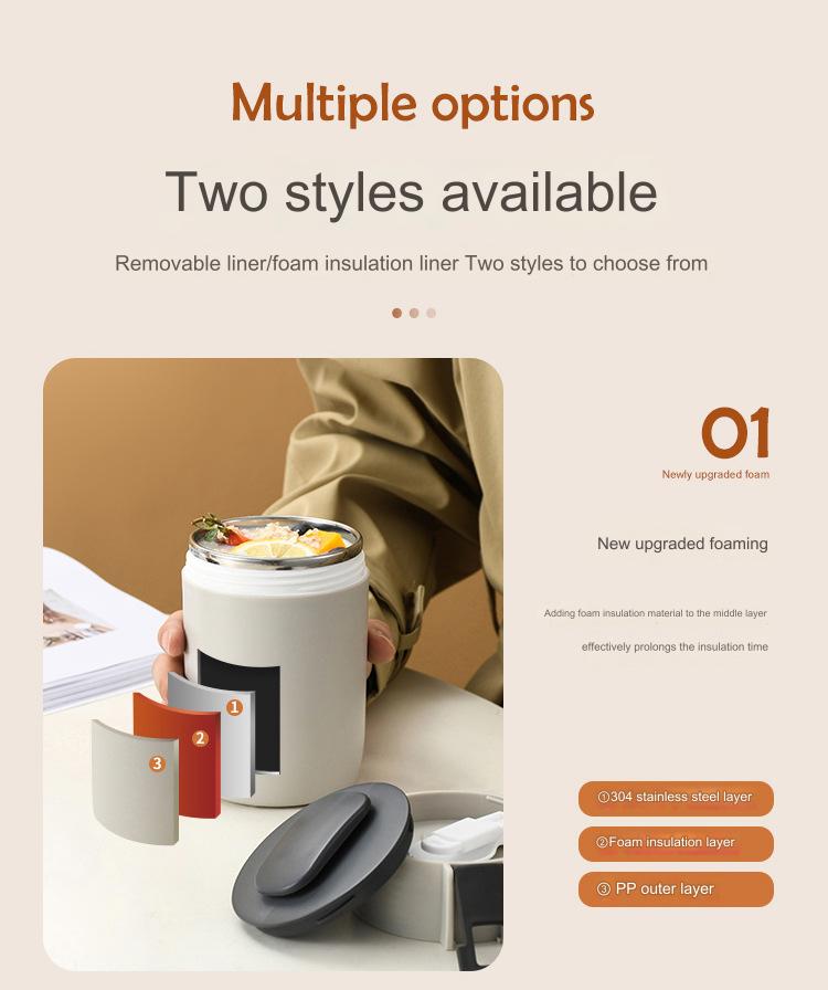 Insulated food storage container with removable liner and multi-layer design including stainless steel, foam, and PP outer layer