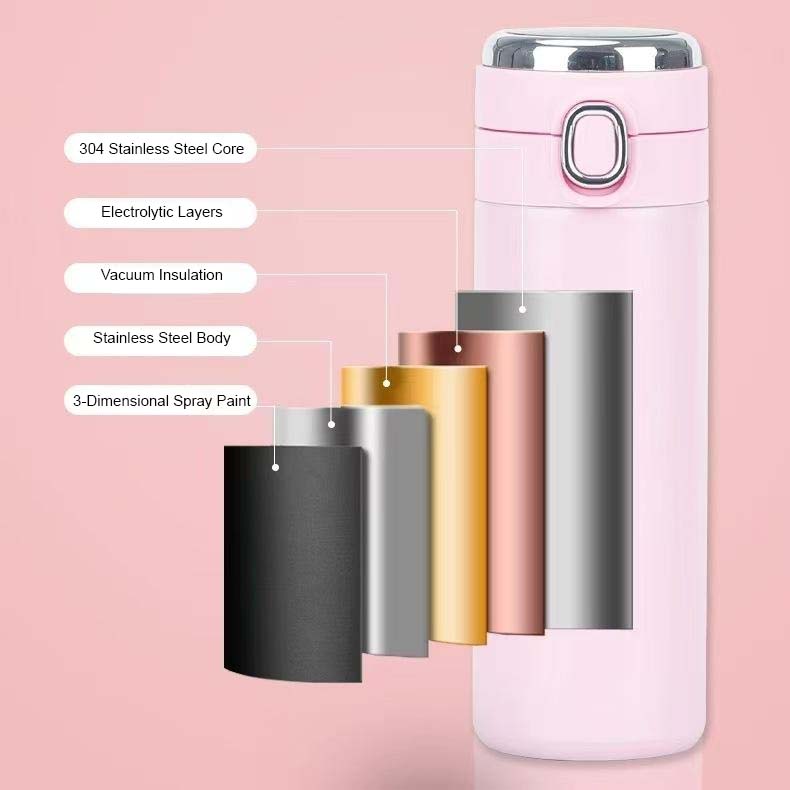 inner display and features of pink custom temperature display vacuum flask