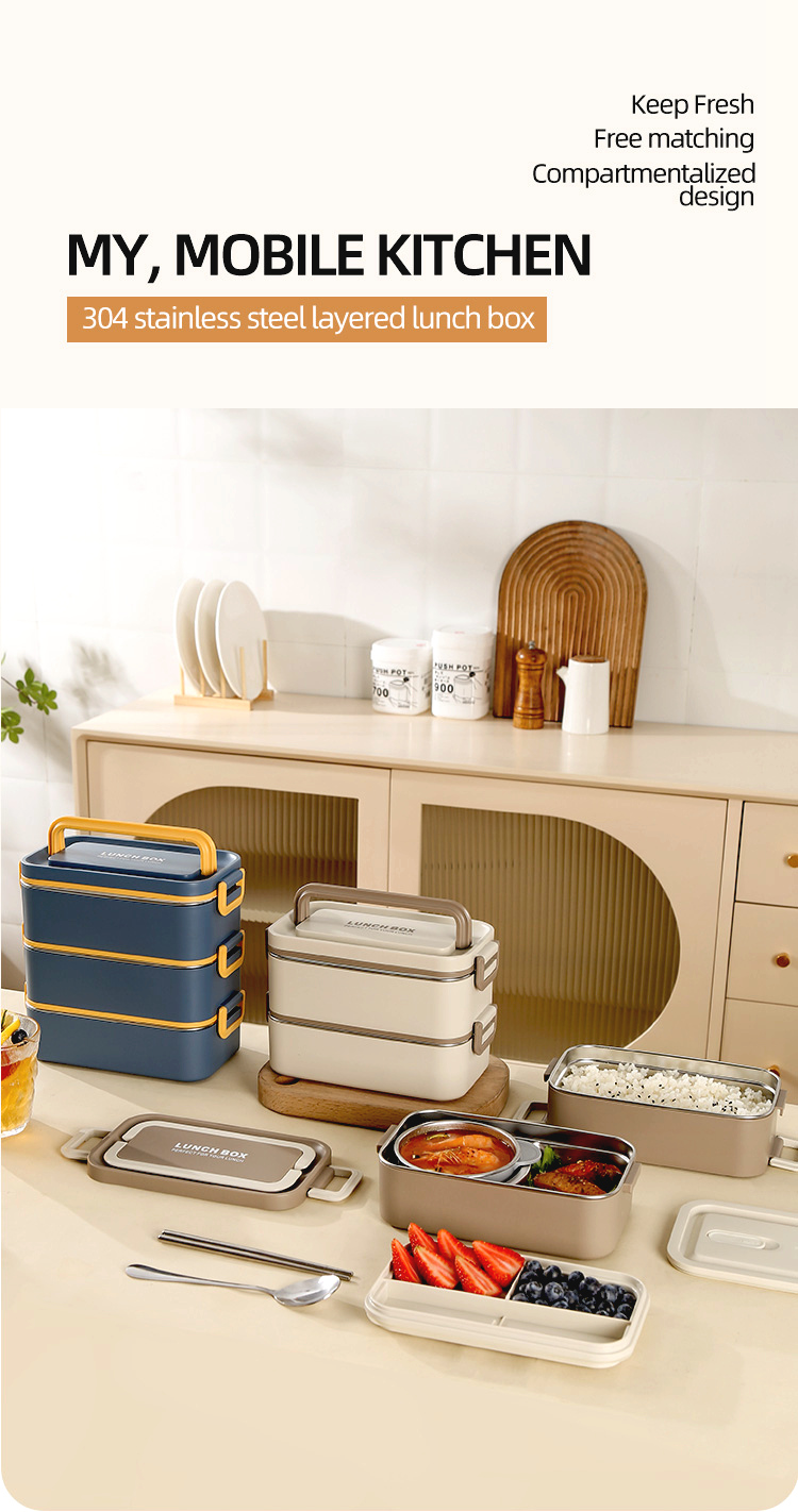 304 stainless steel custom lunch box set with layered compartments, portable handle, and leak proof design for fresh and organized meal prep