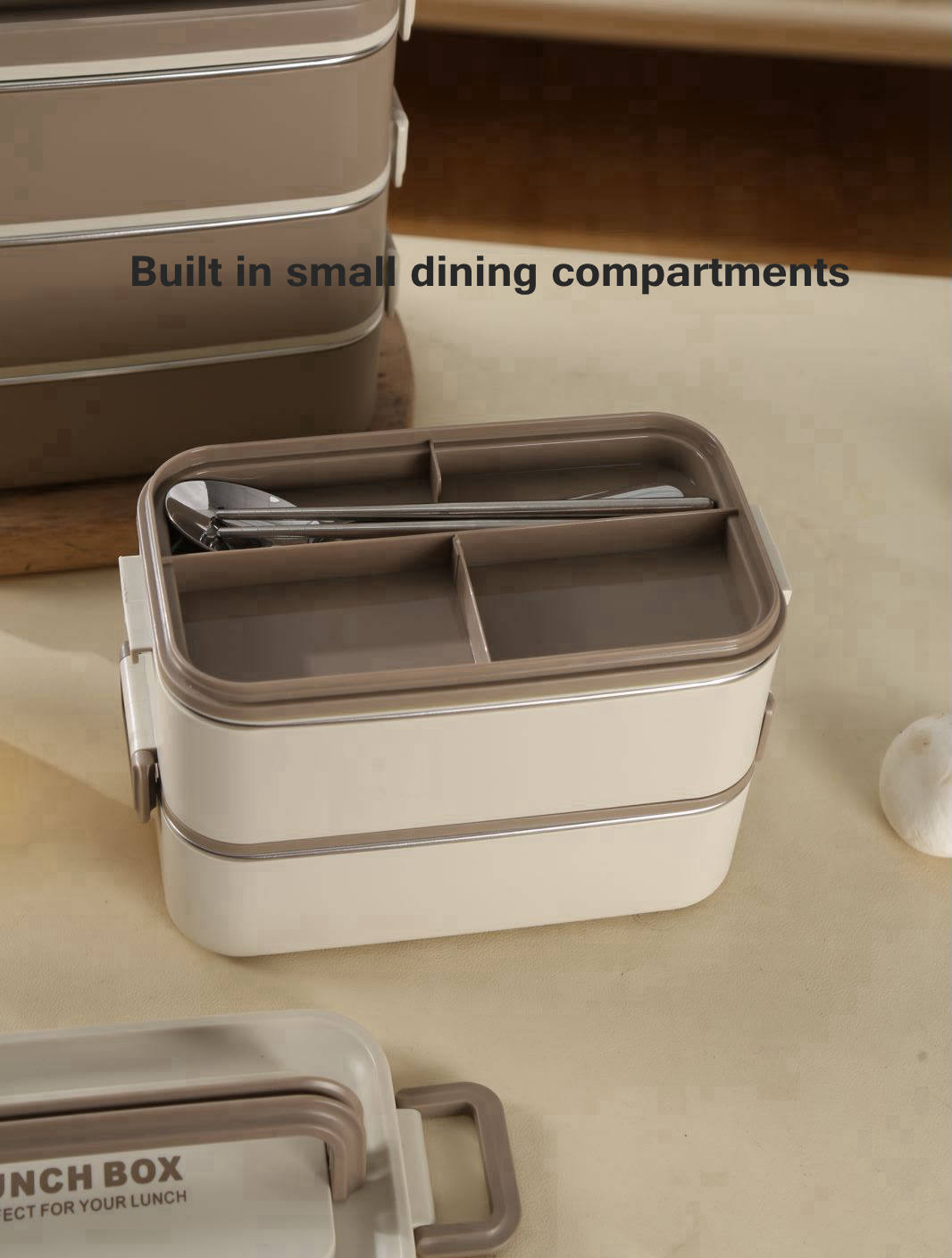 Custom lunch box food storage container with built-in small dining compartments for organizing cutlery and different meal portions